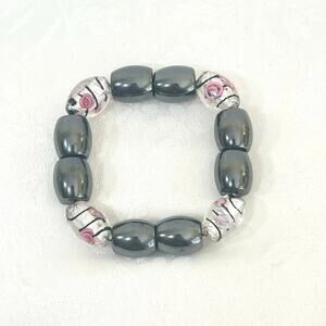 Bracelet Artisan Hematite Venetian Art Glass Bead Stretch Barrel Minimalist Boho
